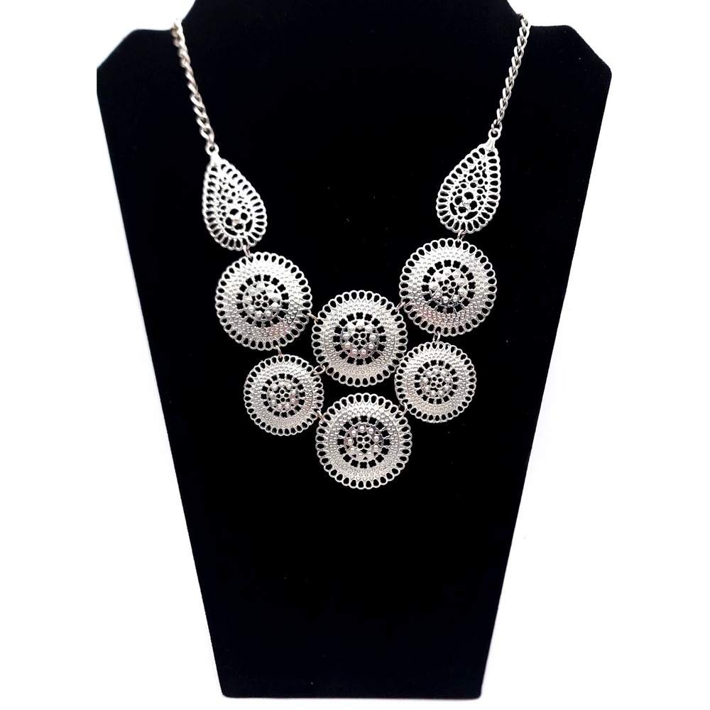 Silver Filigree Bib Necklace Boho Vintage Statement Adjustable